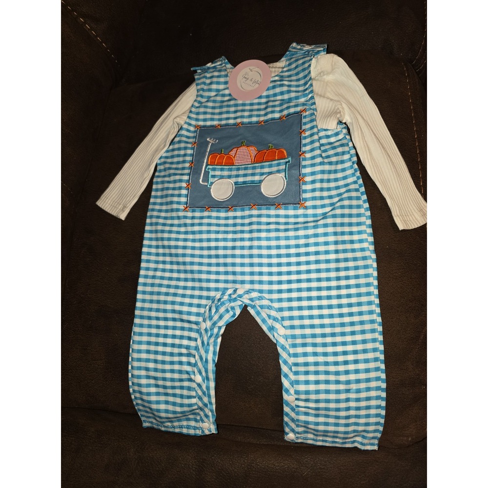 Ivory and mint boutique fall autumn Halloween pumpkin wagon romper 3 6 month nwt